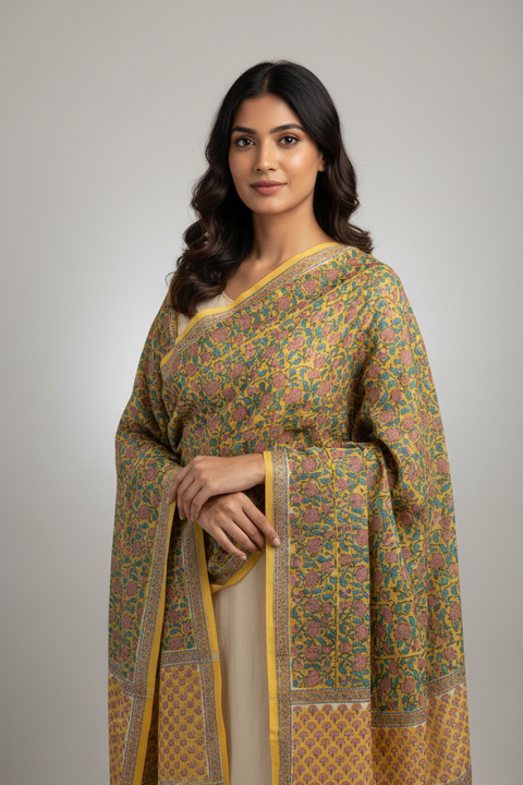 Yellow Blue Mul Cotton Dupatta | Sanganeri Floral Jaal Block Print | 250x120cm