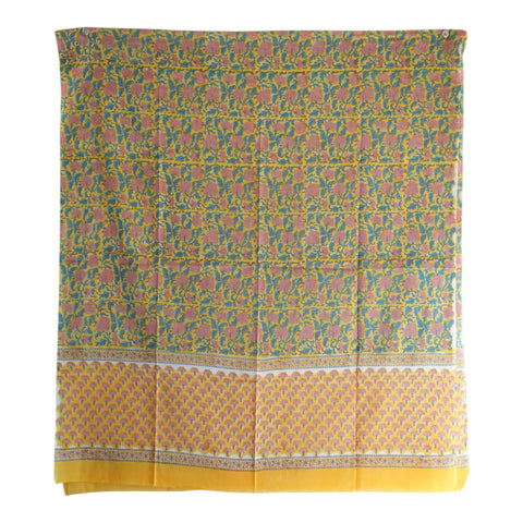 Close-up of blue and pink floral jaal Sanganeri block print on yellow mul cotton – ISYVSK-A12