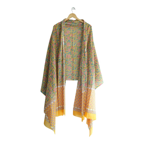 Yellow blue mulmul dupatta 250x120cm draped view, Sanganeri floral jaal – Indiascarves