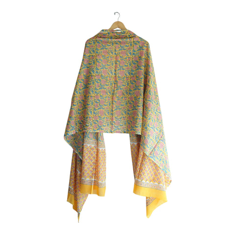 Border detail of yellow Sanganeri blue floral jaal mul cotton dupatta – ISYVSK-A12