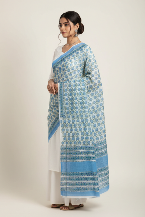 White Blue Mul Cotton Dupatta | Sanganeri Floral Buti Block Print | 250x120cm