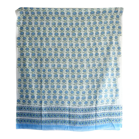 Close-up of blue floral buti Sanganeri block print on white mul cotton – ISYVSK-A13