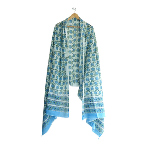 White blue mulmul dupatta 250x120cm draped view, Sanganeri buti print – Indiascarves