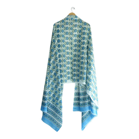 Sky blue border detail of white Sanganeri buti block print mul cotton dupatta – ISYVSK-A13