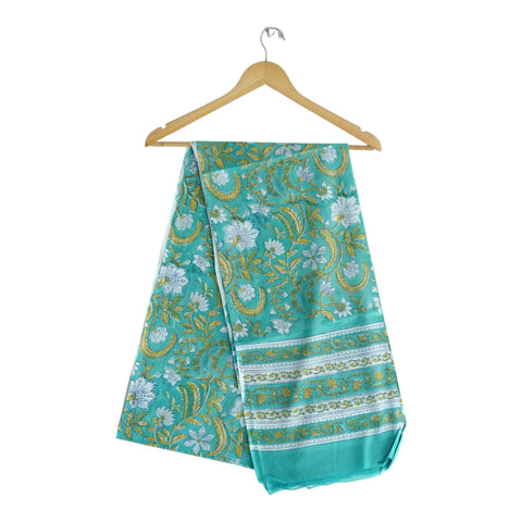 Teal gold Sanganeri floral jaal mul cotton dupatta on hanger – Indiascarves ISYVSK-A14