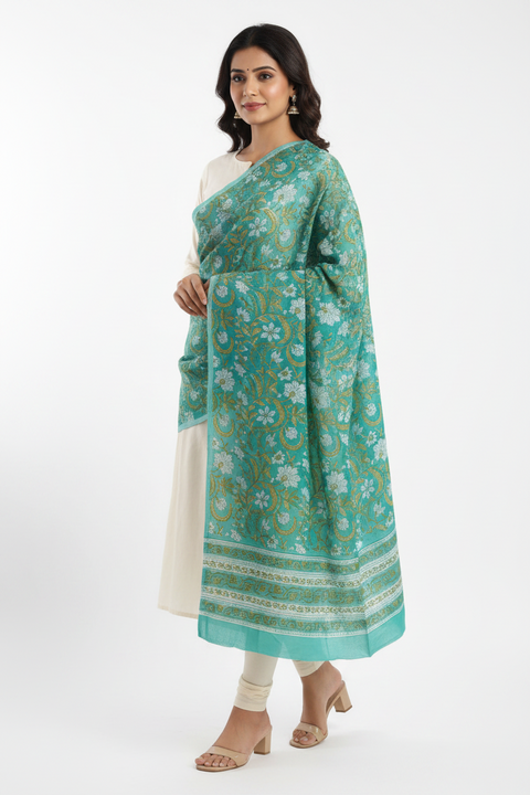 Teal Gold Mul Cotton Dupatta | Sanganeri Floral Jaal Block Print | 250x120cm