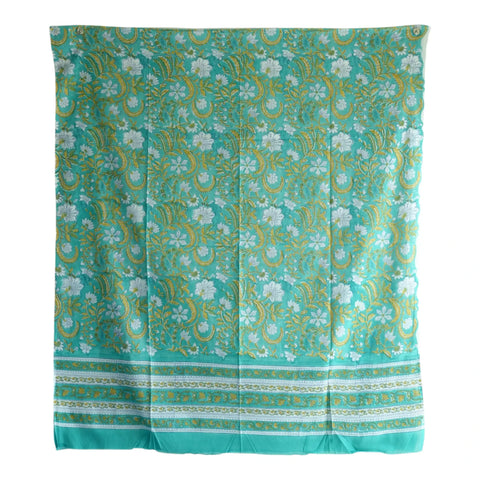 Close-up of gold and white floral jaal Sanganeri block print on teal mul cotton – ISYVSK-A14