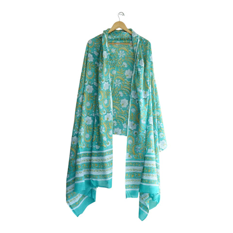 Teal gold mulmul dupatta 250x120cm draped view, Sanganeri floral jaal – Indiascarves