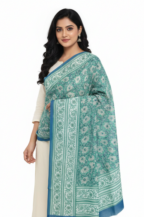Teal Blue Mul Cotton Dupatta | Sanganeri Daisy Floral Block Print | 250x120cm