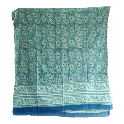 Close-up of teal and blue daisy Sanganeri block print on mul cotton – ISYVSK-A15