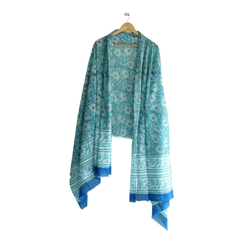 Teal blue mulmul dupatta 250x120cm draped view, Sanganeri daisy print – Indiascarves