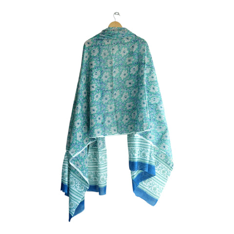 Royal blue border detail of teal Sanganeri daisy block print mul cotton dupatta – ISYVSK-A15