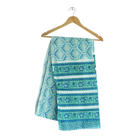 White teal Sanganeri geometric mul cotton dupatta on hanger – Indiascarves ISYVSK-A16
