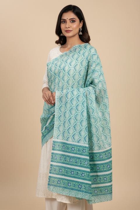 White Teal Mul Cotton Dupatta | Sanganeri Geometric Block Print | 250x120cm