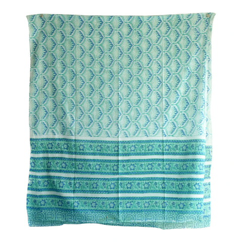 Close-up of teal and blue geometric Sanganeri block print on white mul cotton – ISYVSK-A16