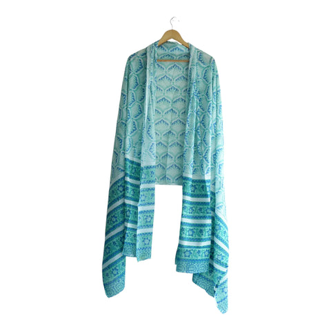 White teal mulmul dupatta 250x120cm draped view, Sanganeri geometric print – Indiascarves