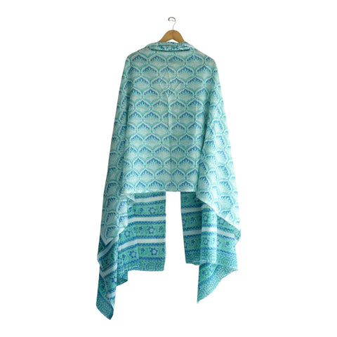 Border detail of white teal Sanganeri geometric block print mul cotton dupatta – ISYVSK-A16