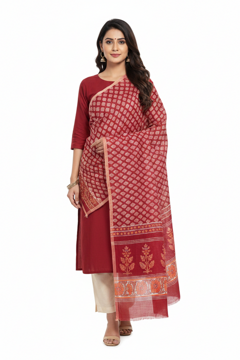 Maroon Beige Mul Cotton Dupatta | Sanganeri Buti Block Print | 250x120cm