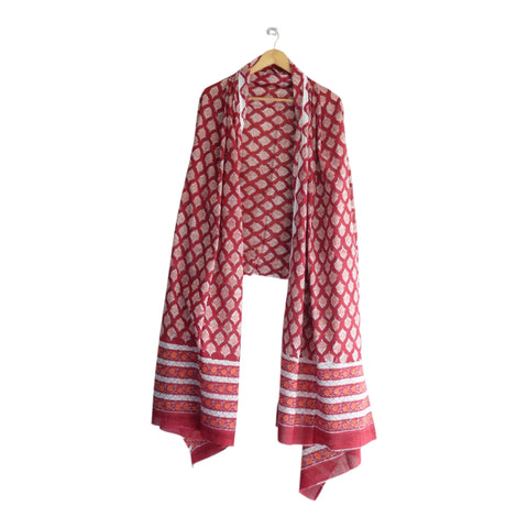 Maroon beige mulmul dupatta 250x120cm draped view, Sanganeri buti print – Indiascarves
