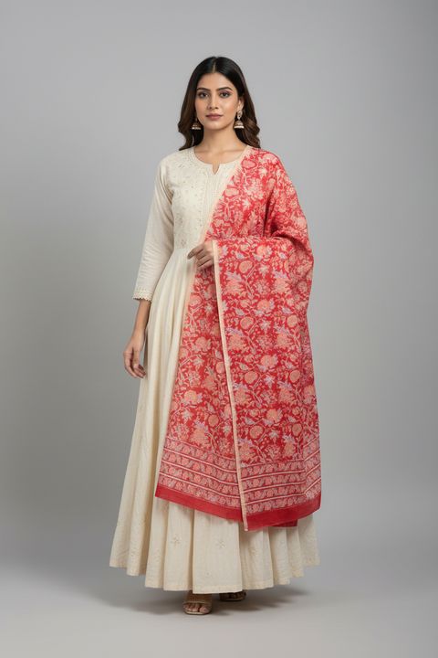 Red Pink Mul Cotton Dupatta | Sanganeri Rose Floral Block Print | 250x120cm