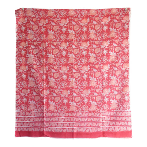 Close-up of rose pink floral Sanganeri block print on red mul cotton – ISYVSK-A18