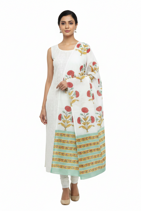 White Red Mul Cotton Dupatta | Sanganeri Poppy Floral Block Print | 250x120cm