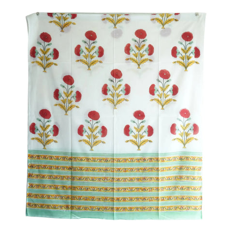 Close-up of red poppy Sanganeri block print on white mul cotton – ISYVSK-A19