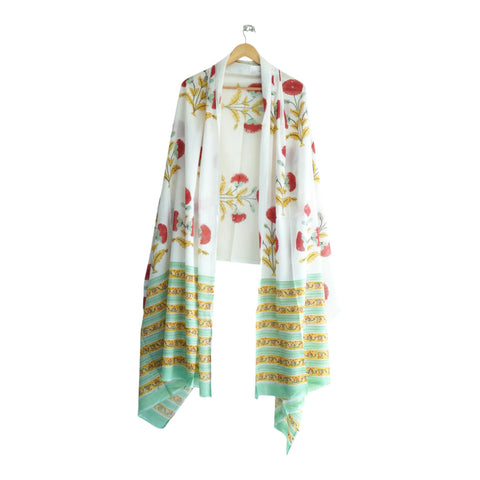 White red mulmul dupatta 250x120cm draped view, Sanganeri poppy print – Indiascarves