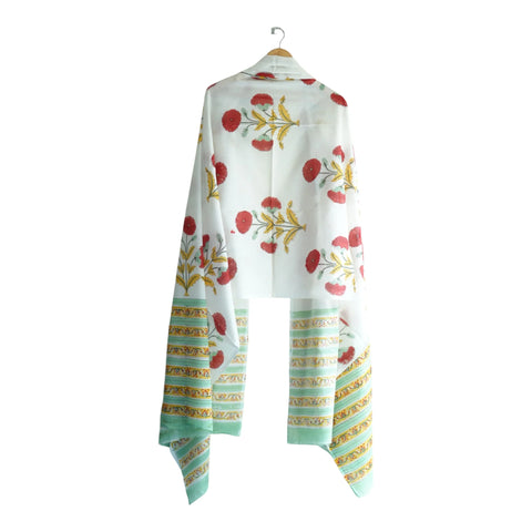 Mint border detail of white red Sanganeri poppy block print mul cotton dupatta – ISYVSK-A19