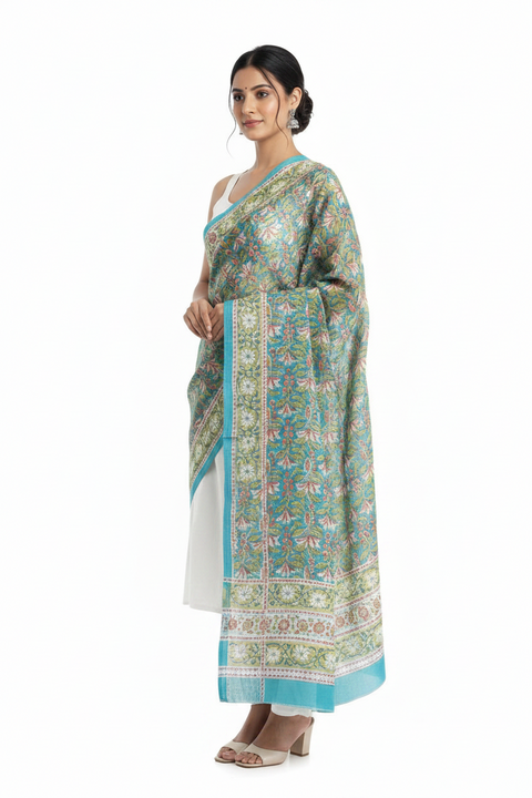 Blue Teal Mul Cotton Dupatta | Sanganeri Tropical Floral Block Print | 250x120cm