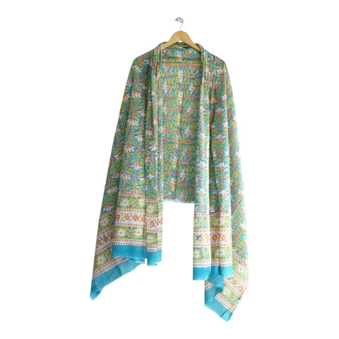 Blue teal mulmul dupatta 250x120cm draped view, Sanganeri tropical print – Indiascarves