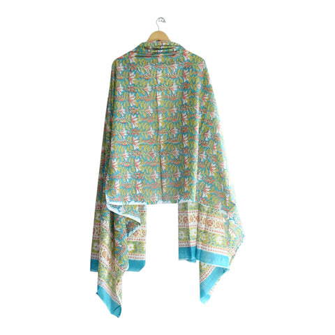 Border detail of blue teal Sanganeri tropical floral mul cotton dupatta – ISYVSK-A20
