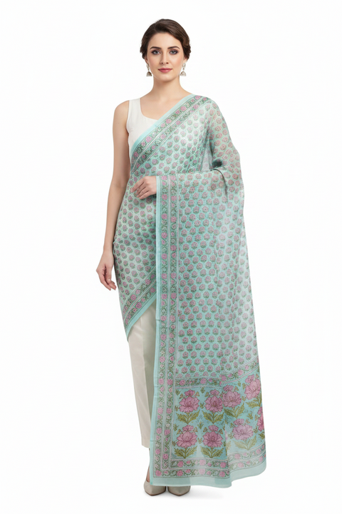 Sky Blue Pink Mul Cotton Dupatta | Sanganeri Floral Buti Block Print | 250x120cm