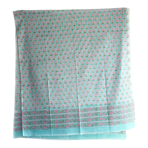 Close-up of pink buti Sanganeri block print on sky blue mul cotton – ISYVSK-A21