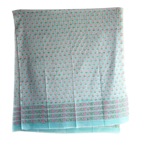 Sky blue pink mulmul dupatta 250x120cm draped view, Sanganeri buti print – Indiascarves