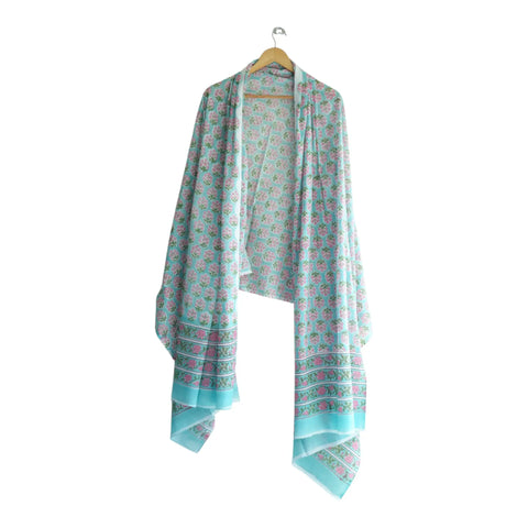 Border detail of sky blue Sanganeri pink buti block print mul cotton dupatta – ISYVSK-A21
