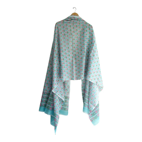 Full flat lay of sky blue pink Sanganeri floral buti mulmul dupatta – ISYVSK-A21