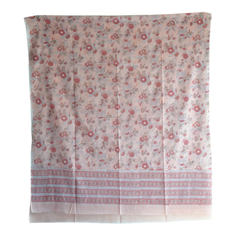 Close-up of rose pink floral jaal Sanganeri block print on blush mul cotton – ISYVSK-A22