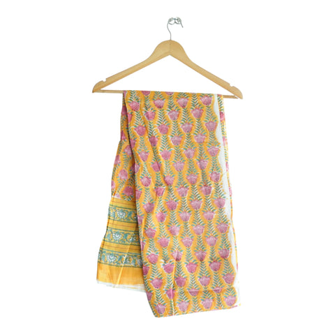 Yellow pink Sanganeri tulip buti mul cotton dupatta on hanger – Indiascarves ISYVSK-A23
