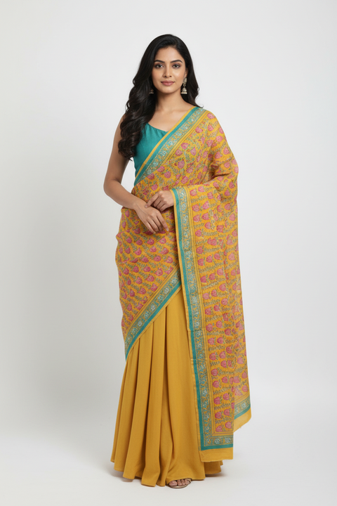 Yellow Pink Mul Cotton Dupatta | Sanganeri Tulip Buti Block Print | 250x120cm