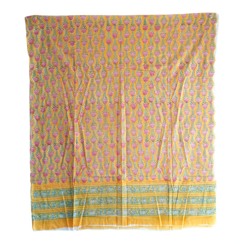 Close-up of pink tulip buti Sanganeri block print on yellow mul cotton – ISYVSK-A23