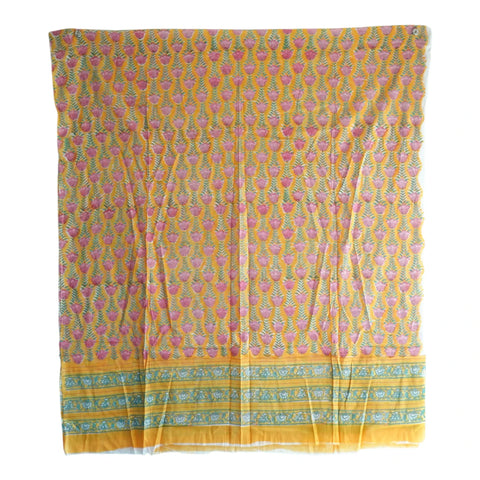 Yellow pink mulmul dupatta 250x120cm draped view, Sanganeri tulip print – Indiascarves