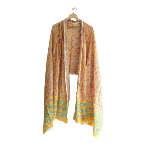 Teal border detail of yellow pink Sanganeri tulip buti mul cotton dupatta – ISYVSK-A23