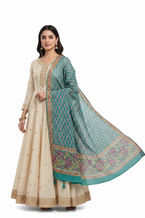Jade Pink Mul Cotton Dupatta | Sanganeri Floral Buti Block Print | 250x120cm
