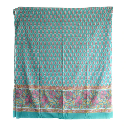 Close-up of pink buti Sanganeri block print on jade green mul cotton – ISYVSK-A24