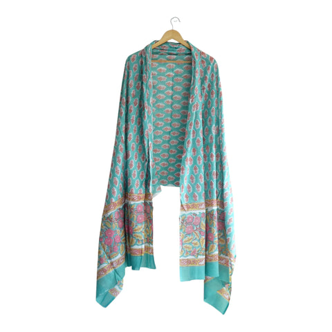 Jade pink mulmul dupatta 250x120cm draped view, Sanganeri buti print – Indiascarves