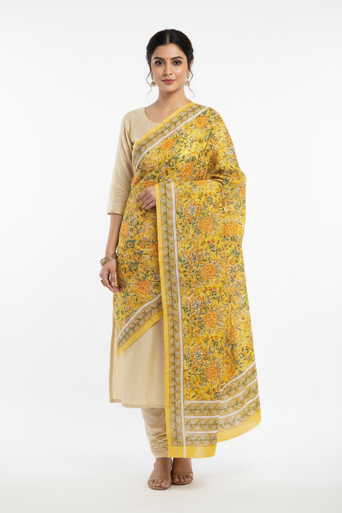 Yellow Orange Mul Cotton Dupatta | Sanganeri Rose Floral Jaal Block Print | 250x120cm