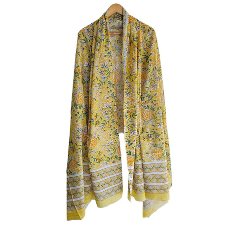 Close-up of orange and white rose floral jaal Sanganeri block print on yellow mul cotton – ISYVSK-A25