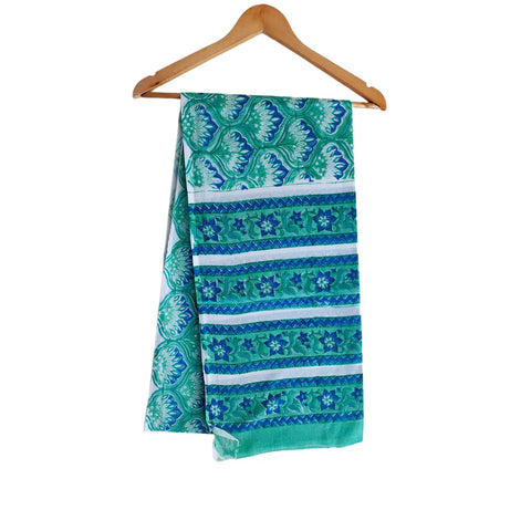 Green teal Sanganeri geometric mul cotton dupatta on hanger – Indiascarves ISYVSK-A26