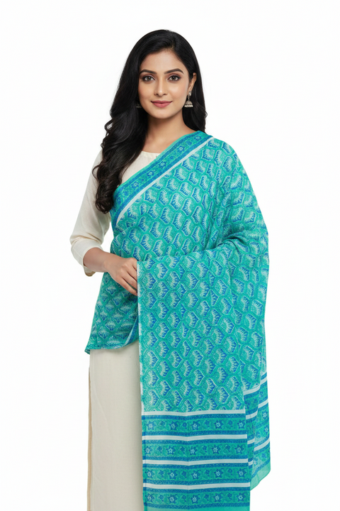 Green Teal Mul Cotton Dupatta | Sanganeri Geometric Block Print | 250x120cm